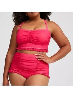 Torrid Cherry Pink Ruffle Trim Wireless Mesh Top & Bottoms Swimsuit SET 1X 0X